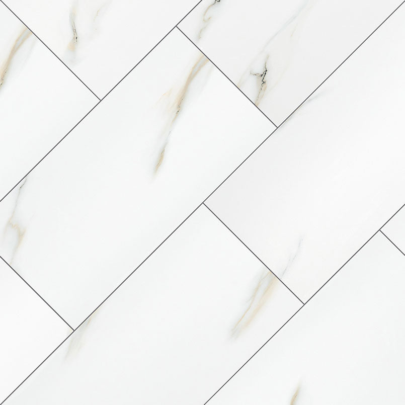 Close-up of Praia Bianca porcelain tile showing fine Carrara-style veining and glossy polish