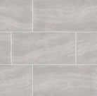 Flat lay of Praia Grey 24x48 porcelain tile with linear gray-white pattern and polished finish