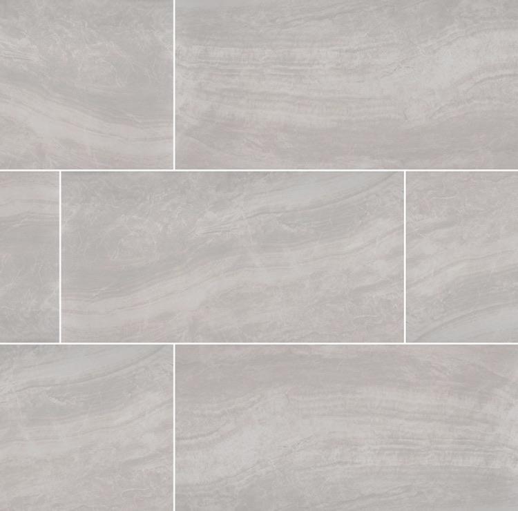 Flat lay of Praia Grey 24x48 porcelain tile with linear gray-white pattern and polished finish