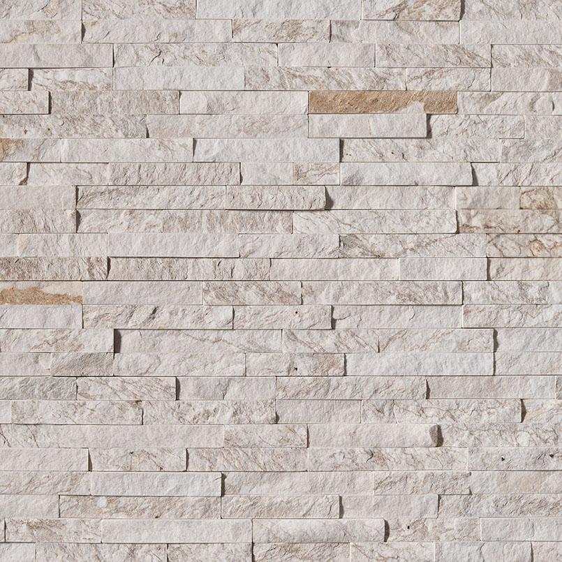 Top view of Royal White Quartzite stacked stone panels with split face texture in 6x24 size