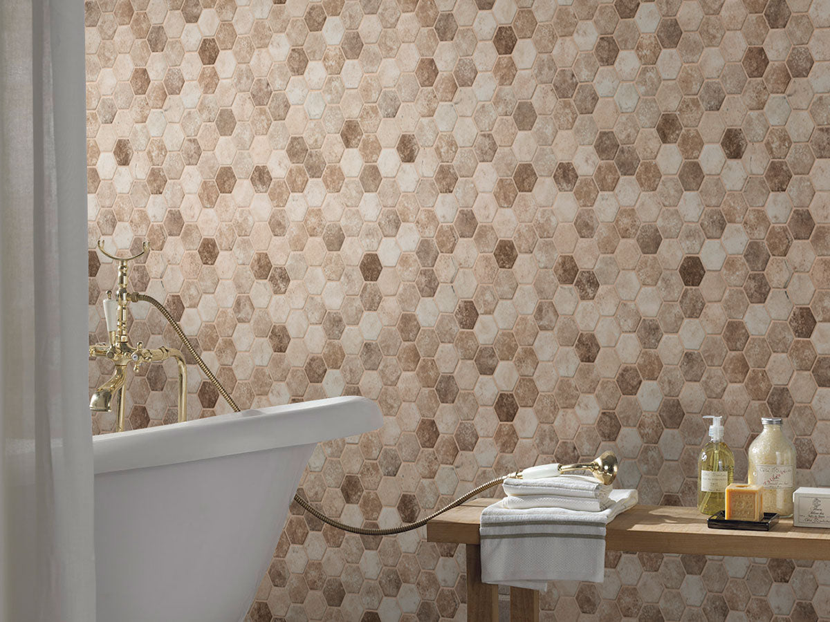 Close-up of Sandhills Mosaic showing 2-inch hex chips in warm desert-inspired tones