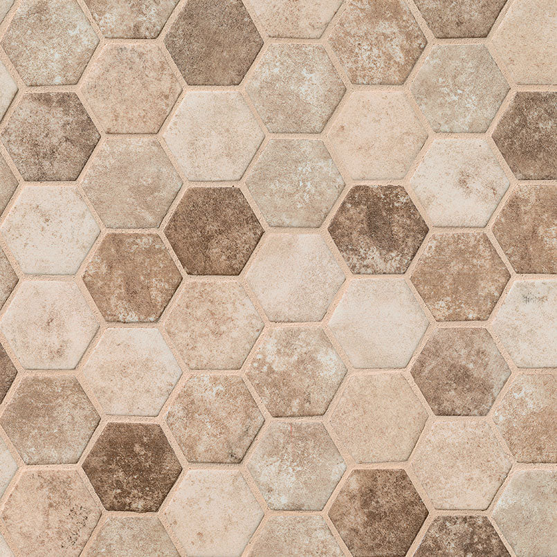 Flat view of Sandhills Hexagon Mosaic in beige, brown, and cream recycled glass with matte finish