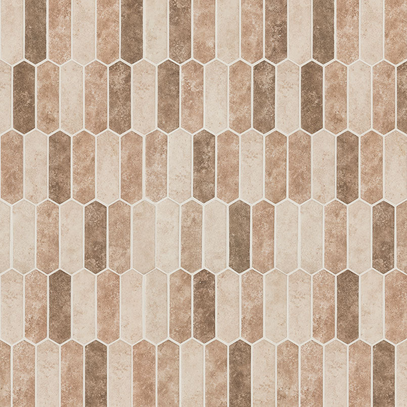 Close-up of Sandhills Mosaic with elongated picket recycled glass chips in matte earthy tones