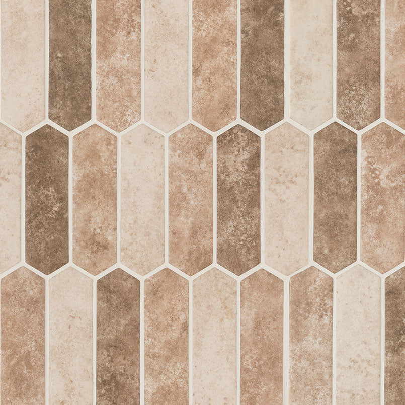 Flat view of Sandhills Picket Mosaic showing beige, brown, and cream desert tones on mesh-backed tile