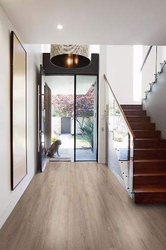 Close-up of Sandino LVT surface showing authentic knots and matte finish in 7x48 plank
