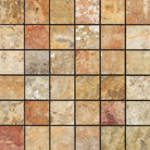 Top view of Scabos Travertine 2x2 Polished Mosaic in 12x12 mesh format