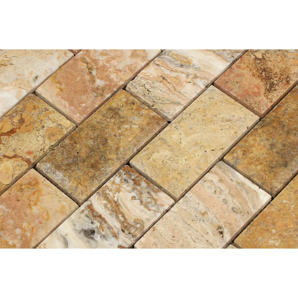 Close-up of deep beveled 2x4 travertine tiles showing texture and veining