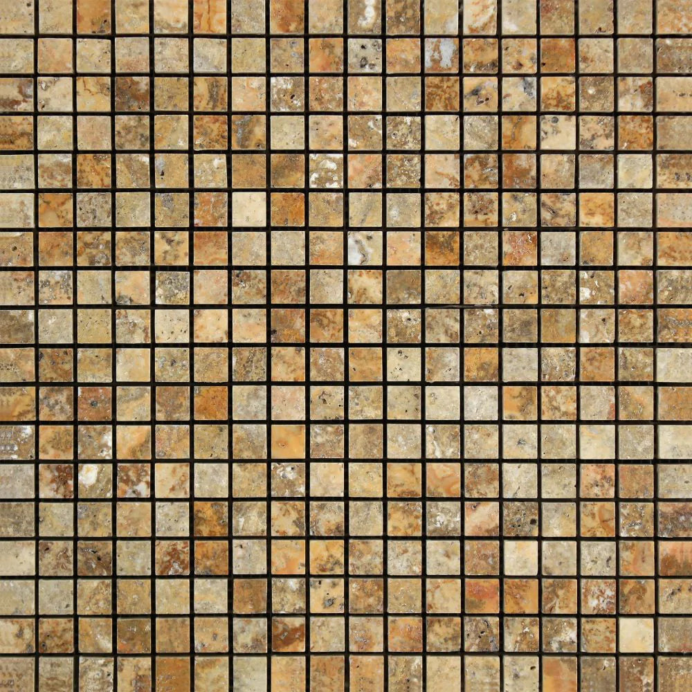 Top view of Scabos Travertine 5/8x5/8 Polished Mosaic sheet