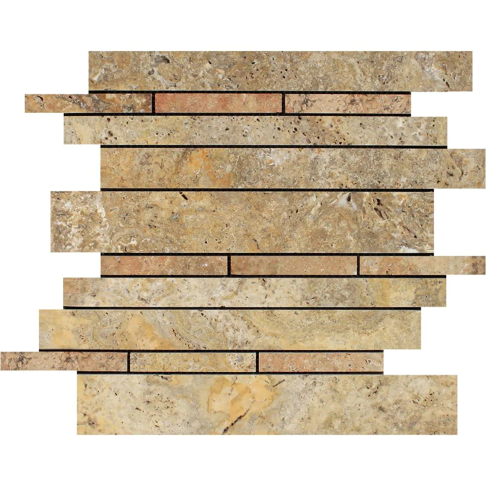Flat view of Scabos Travertine Honed Random Strip Mosaic on 12x12 mesh sheet