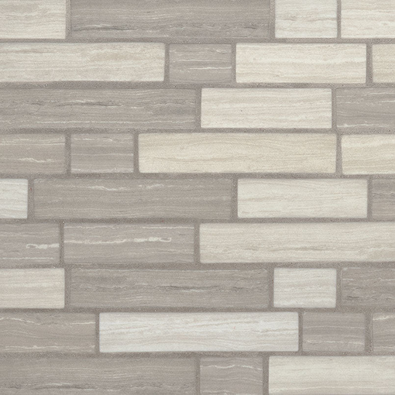 Flat view of Silva Oak Interlocking Recycled Glass Mosaic in matte warm gray and cream tones