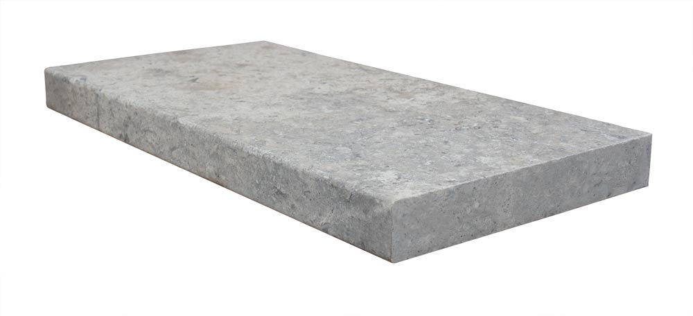 Flat view of Silver Travertine 12x24 Coping in Modern Edge finish, creamy gray tones