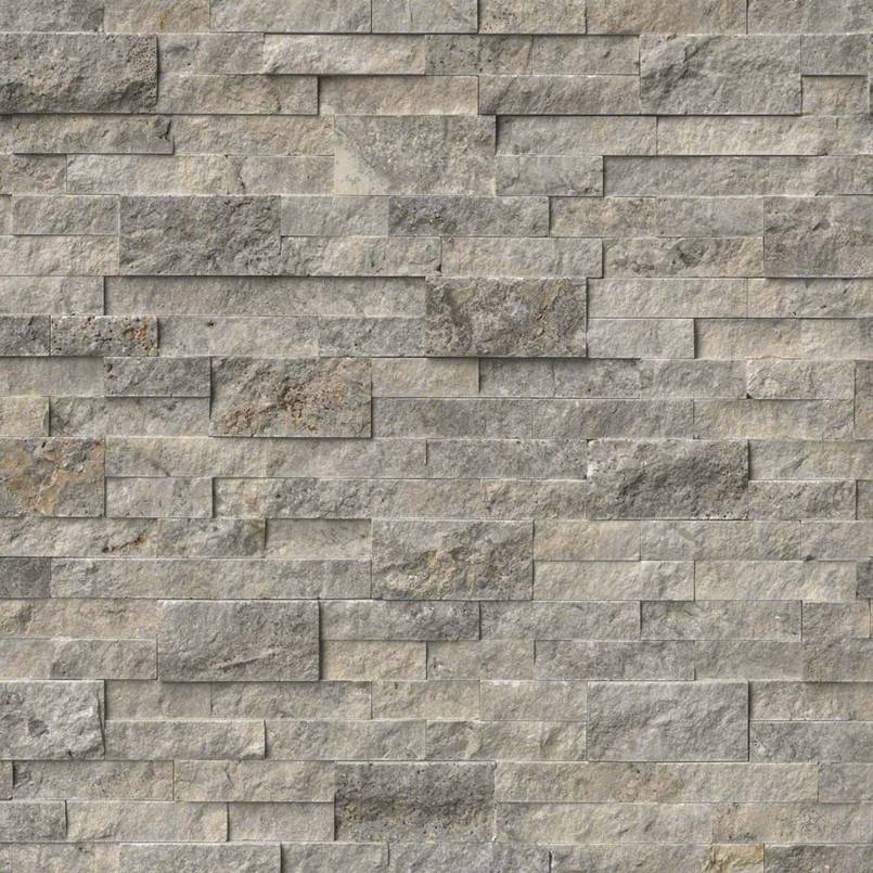 Flat view of Silver Travertine Ledger Panel 6x24 in split face finish