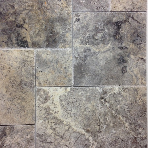Flat view of Silver Travertine Versailles Pattern with Brushed Surface and Chiseled Edges
