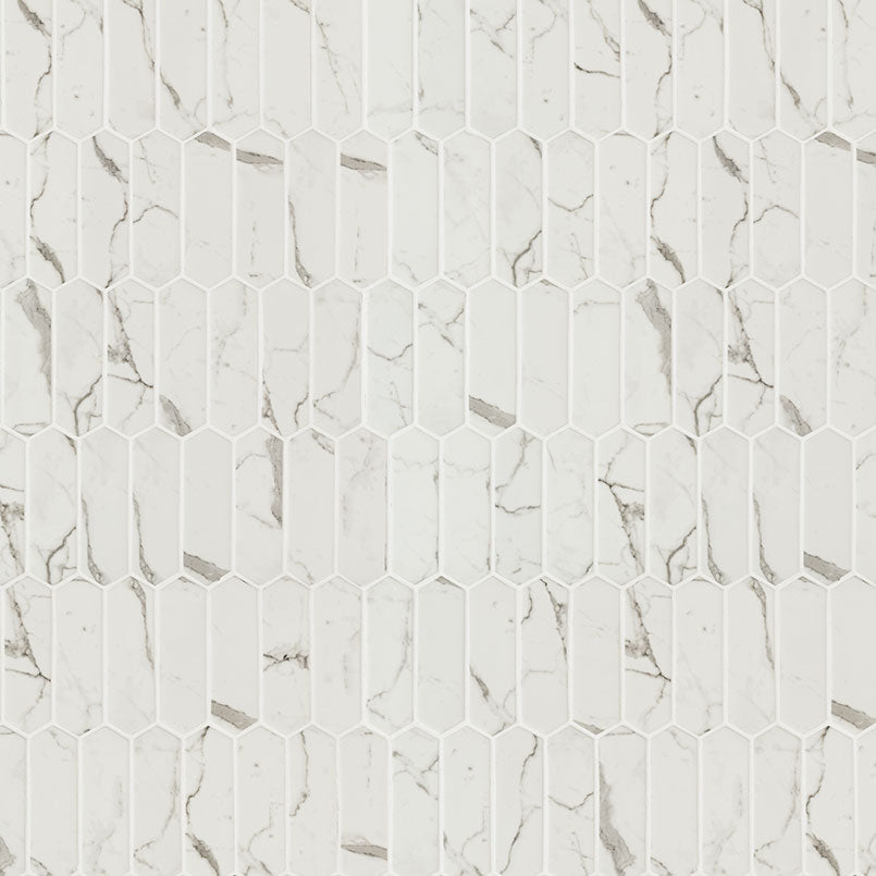 Close-up of picket-shaped recycled glass mosaic with soft gray veining and matte finish