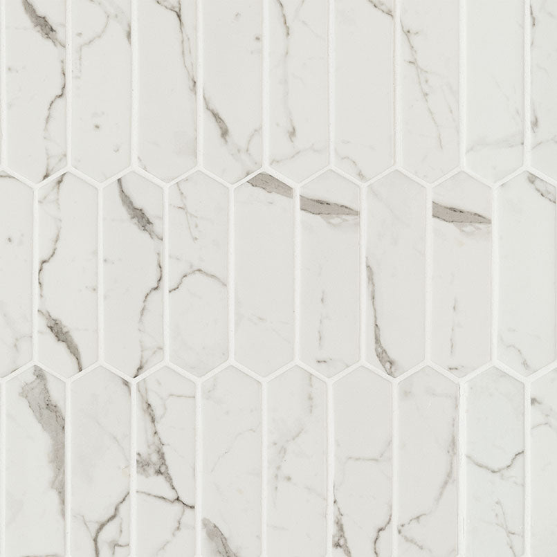 Flat view of Statuario Celano Picket Mosaic in marble-look white and gray recycled glass