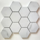 Flat view of Statuario Hexagon Mix Porcelain Mosaic with 3-inch gray and white marble-look tiles