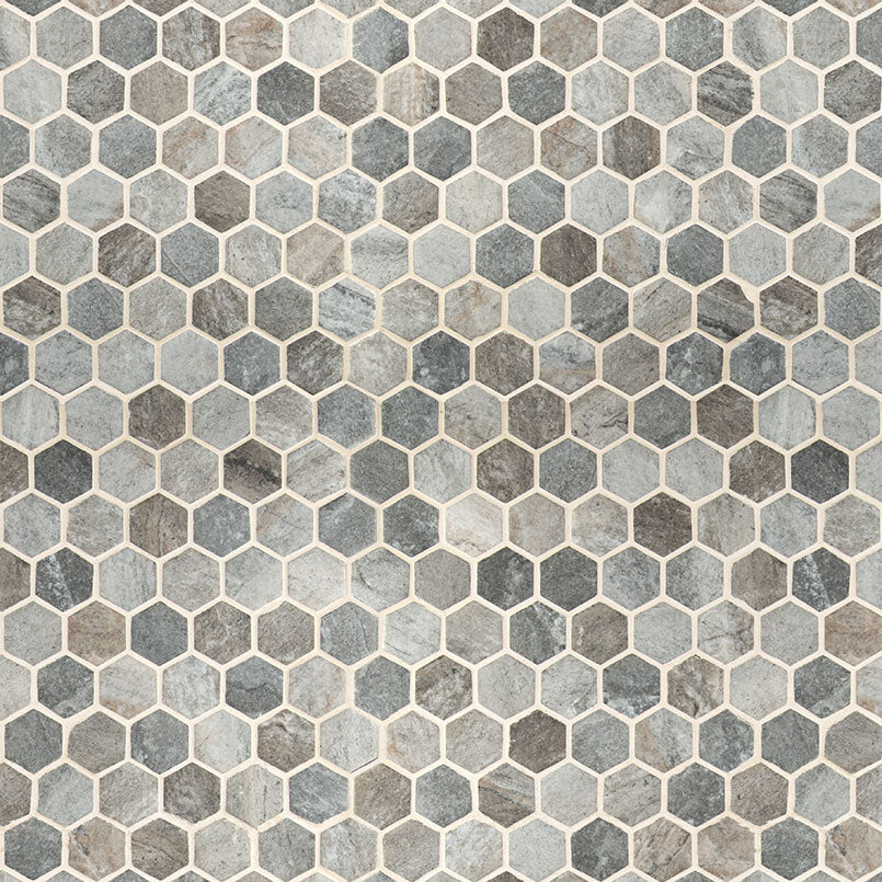 Close-up of Stonella Mosaic showing 2-inch hex glass chips in gray, cream, and brown