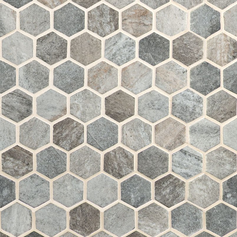 Flat view of Stonella Hexagon Mosaic in matte recycled glass with earth-toned stone-look chips