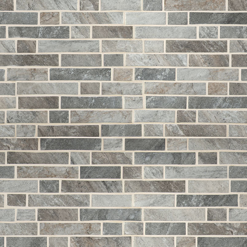 Close-up of Stonella Mosaic showing interlocking linear strips in gray, cream, and brown