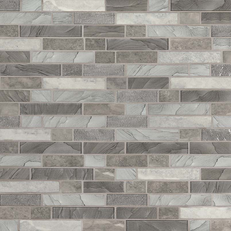 Close-up of Tarvos Mosaic showing linear recycled glass tiles with soft directional veining