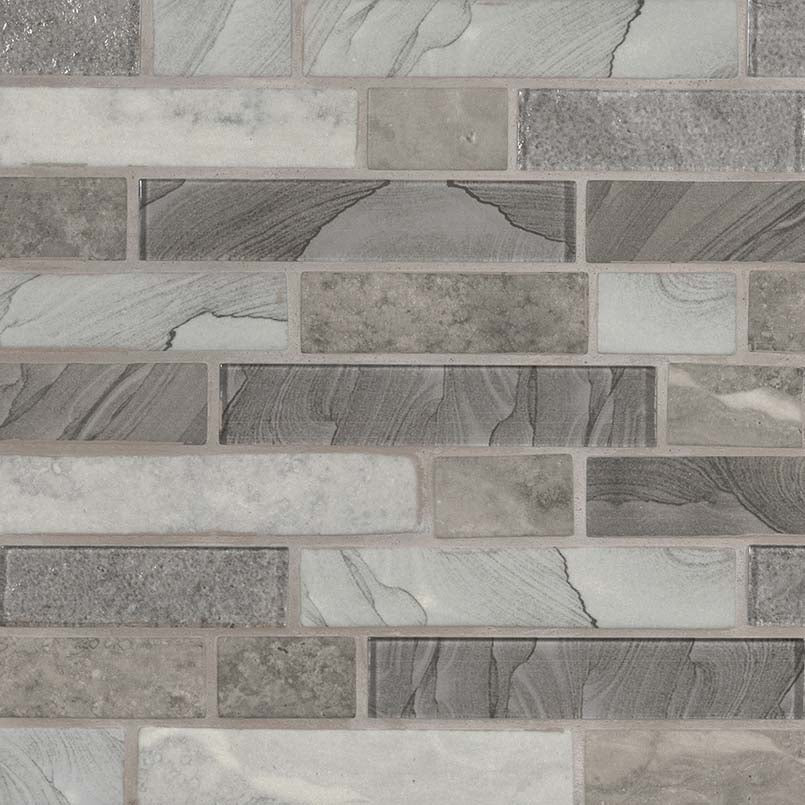 Flat view of Tarvos Interlocking Recycled Glass Mosaic in matte finish with gray, greige, and cream tones