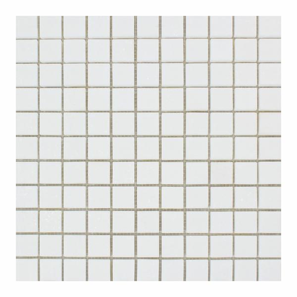 Close-up of 1x1 polished square tiles in Thassos White Marble