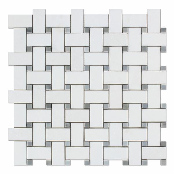 Flat view of Thassos White Basketweave Mosaic with Blue Dots, polished finish