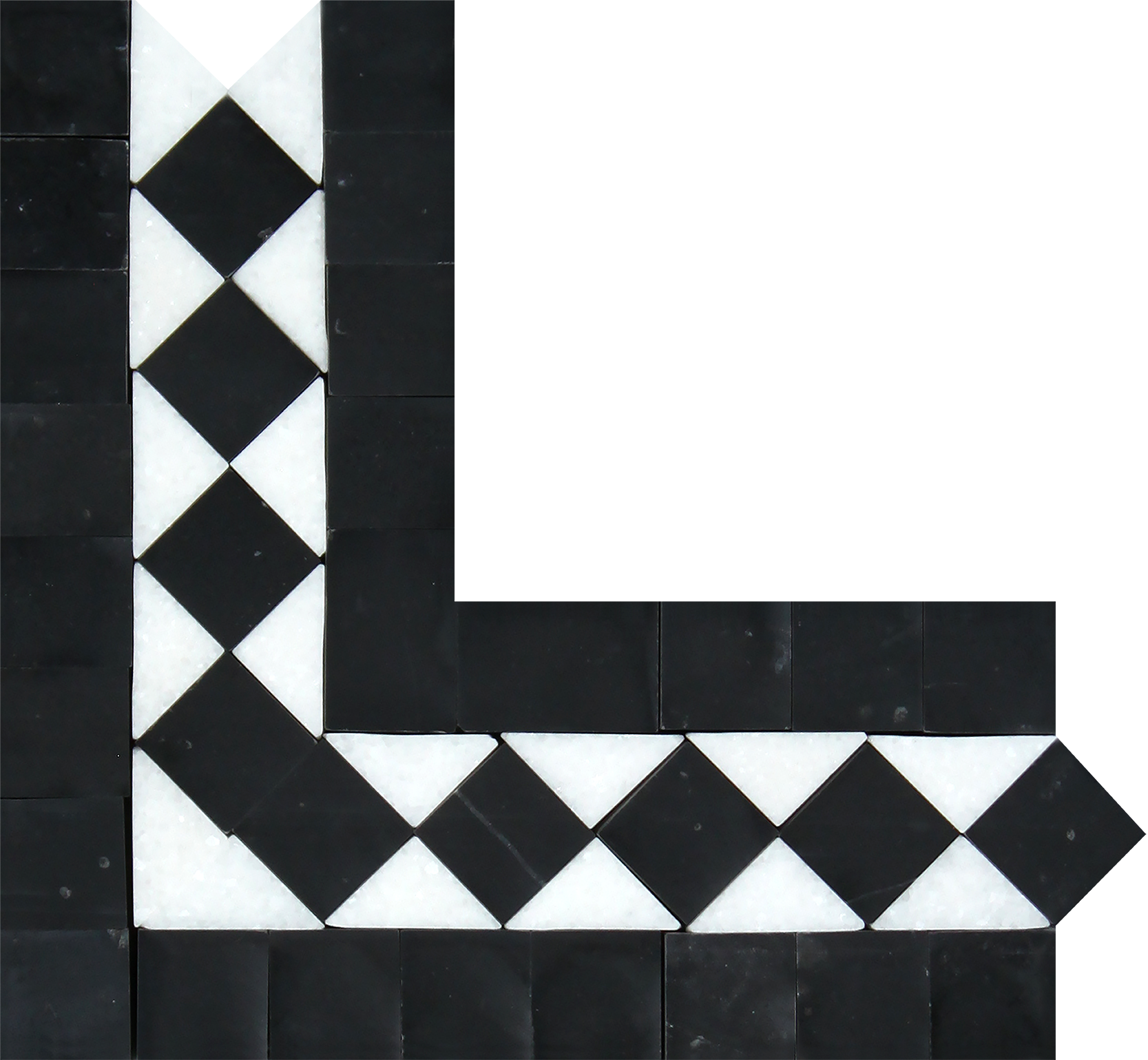 Thassos White Bias Border Corner Black marble trim with diagonal black detail