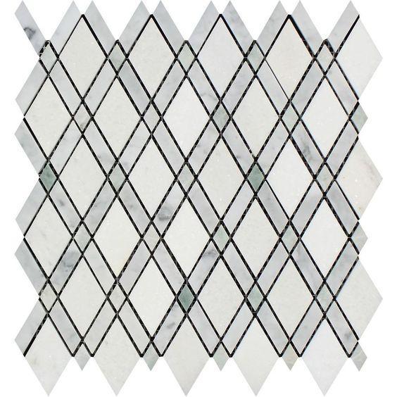 Flat view of Thassos White Lattice Green Dot Mosaic tile, polished finish