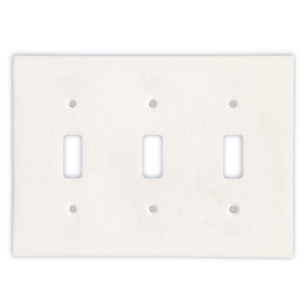 Flat view of Thassos White Marble Triple Toggle Switch Plate Cover, polished surface
