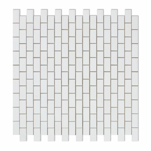 Close-up of Thassos White 5/8"x1 1/4" mini brick mosaic showing polished texture