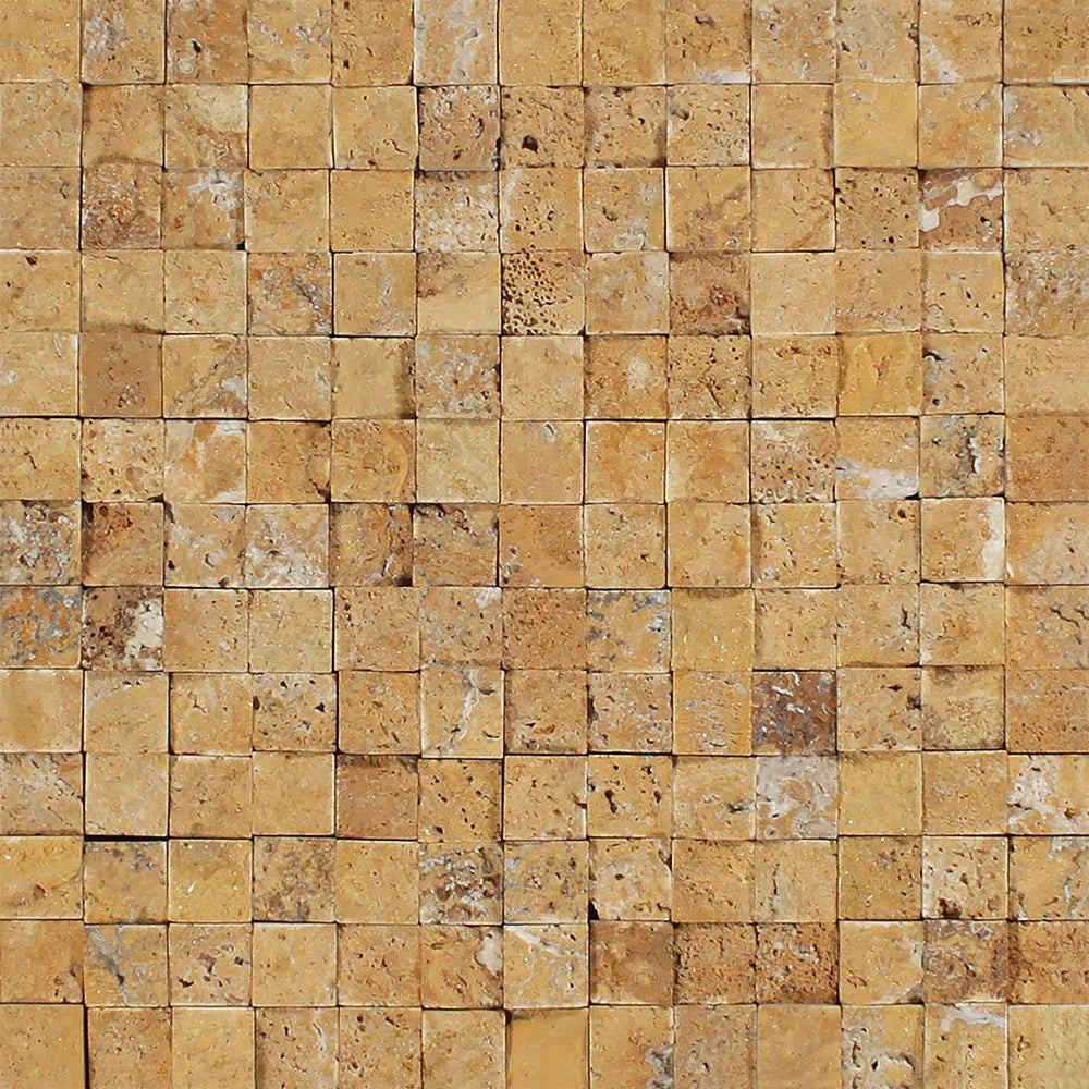 Flat view of Tuscany Gold Travertine 1x1 Splitface Mosaic in mesh-mounted 12x12 sheet