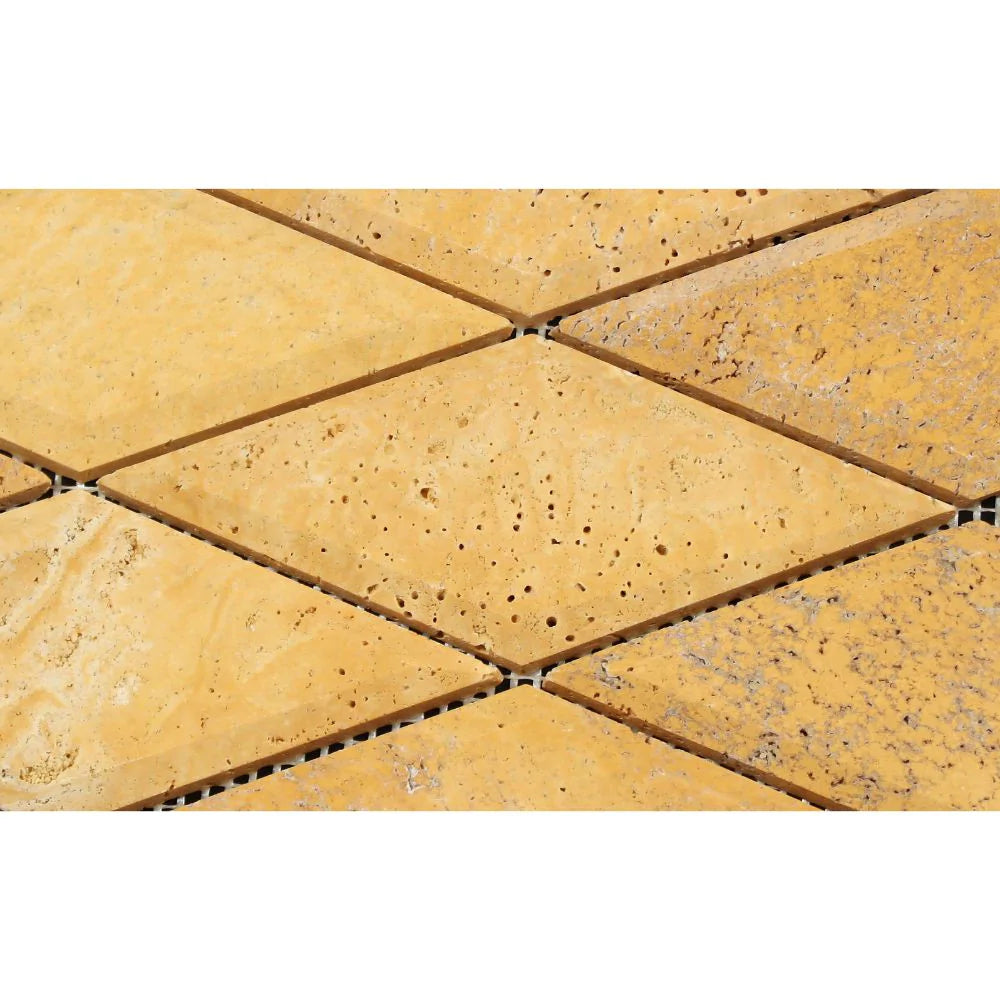 Close-up of Tuscany Gold 3x6 mosaic showing beveled edge and warm natural tones