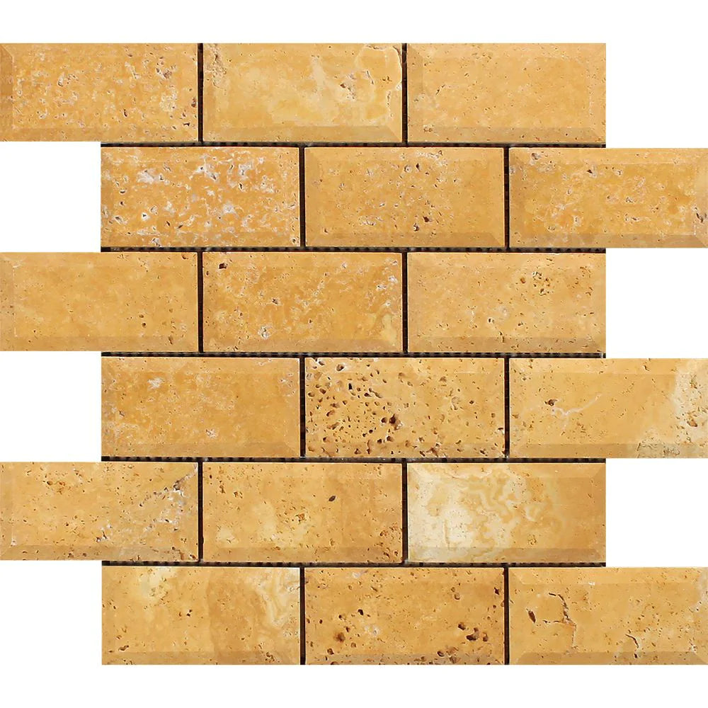 Flat view of Tuscany Gold Travertine 2x4 Deep Beveled Mosaic, honed finish, 12x12 sheet