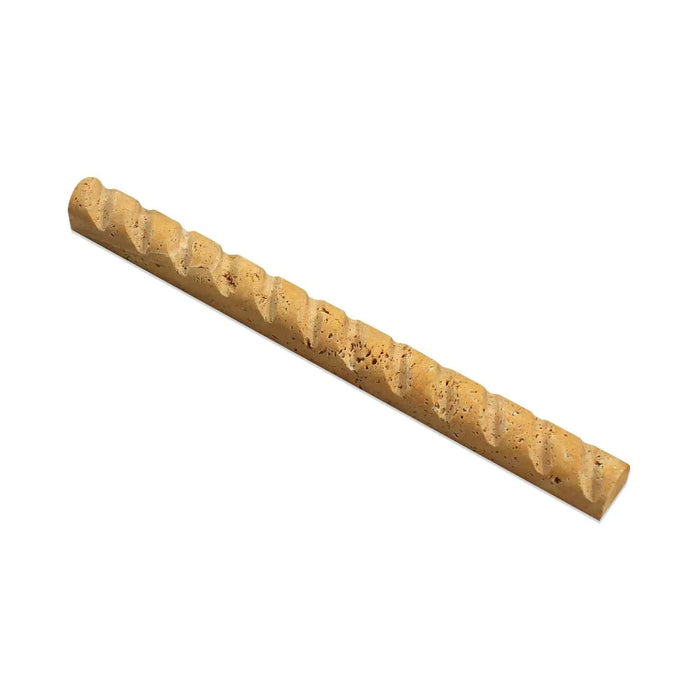 Flat view of Tuscany Gold Travertine 1x12 Rope Molding with honed finish and carved detail