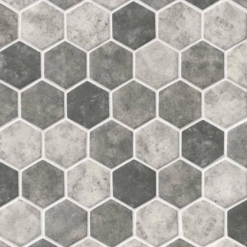 Flat view of Urban Tapestry Hexagon Mosaic in charcoal, gray, and white tones with matte finish