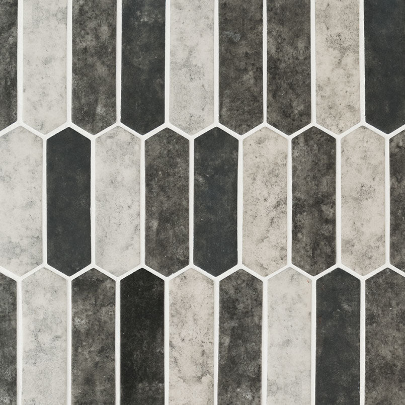 Flat view of Urban Tapestry Picket Mosaic in charcoal, gray, and white recycled glass with matte finish