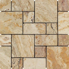 Flat view of Valencia Travertine Mini Versailles Mosaic in tumbled finish, 12x12 mesh-mounted tile