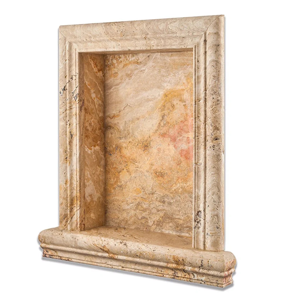 Flat view of Valencia Travertine Shampoo Niche in honed finish, 3/4 x 12 trim piece