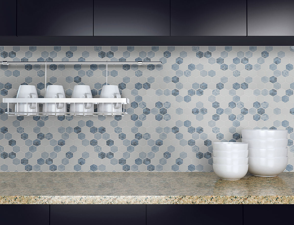 Close-up of Vista Azul Mosaic with matte 2-inch hex glass chips in blue and white