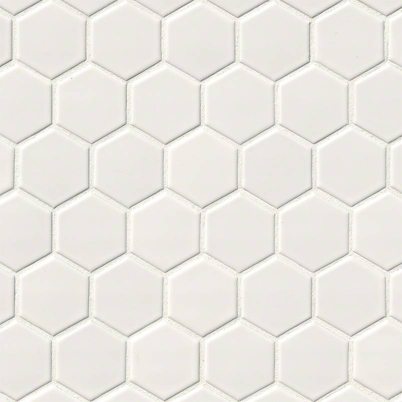 Flat lay of White 2-Inch Hexagon Porcelain Mosaic in glossy cream finish on mesh sheet