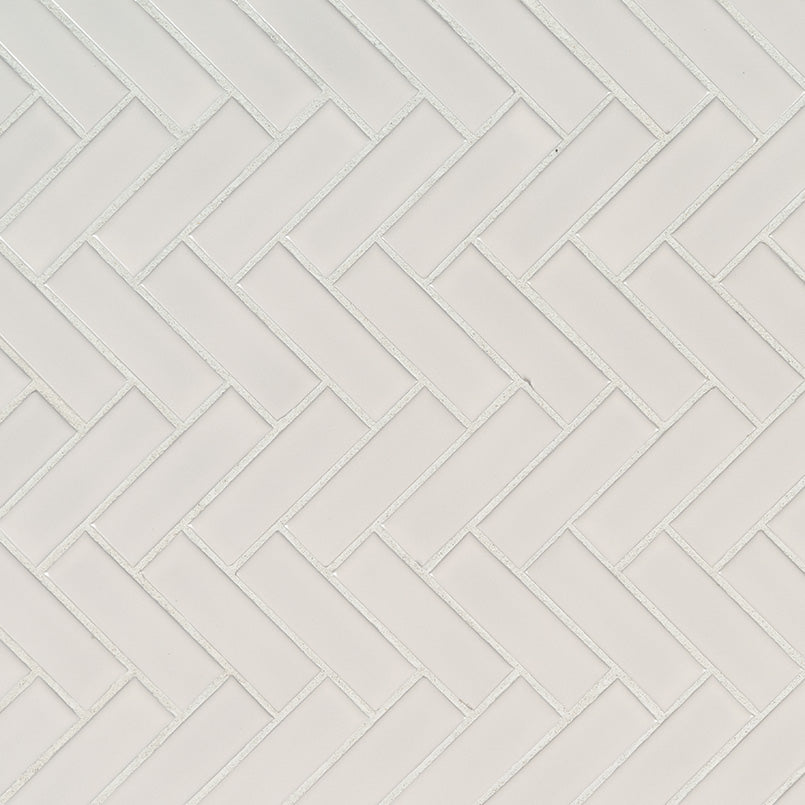 Flat view of White Herringbone Porcelain Mosaic with creamy white glossy finish on mesh sheet