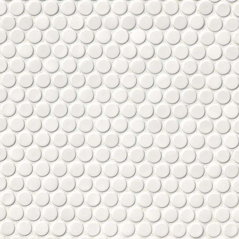 Flat view of White Penny Round Porcelain Mosaic with glossy finish in creamy white