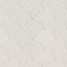 Flat view of White Scallop Glossy Porcelain Mosaic sheet with fish scale pattern in creamy white