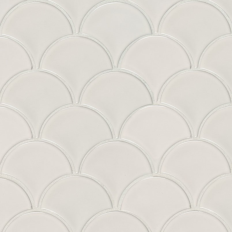 Flat view of White Scallop Glossy Porcelain Mosaic sheet with fish scale pattern in creamy white
