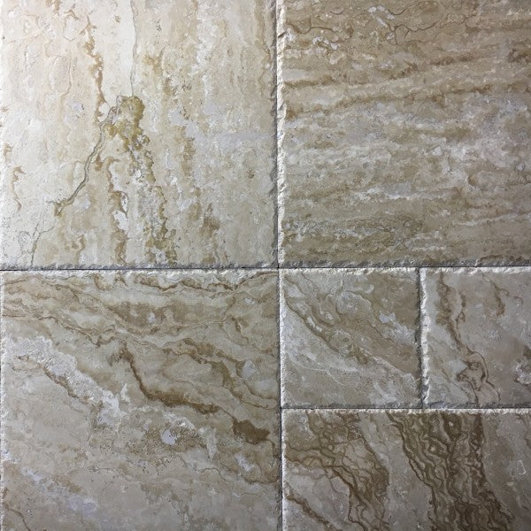 Close-up view of Wooden Travertine showing wood-grain veining and textured finish