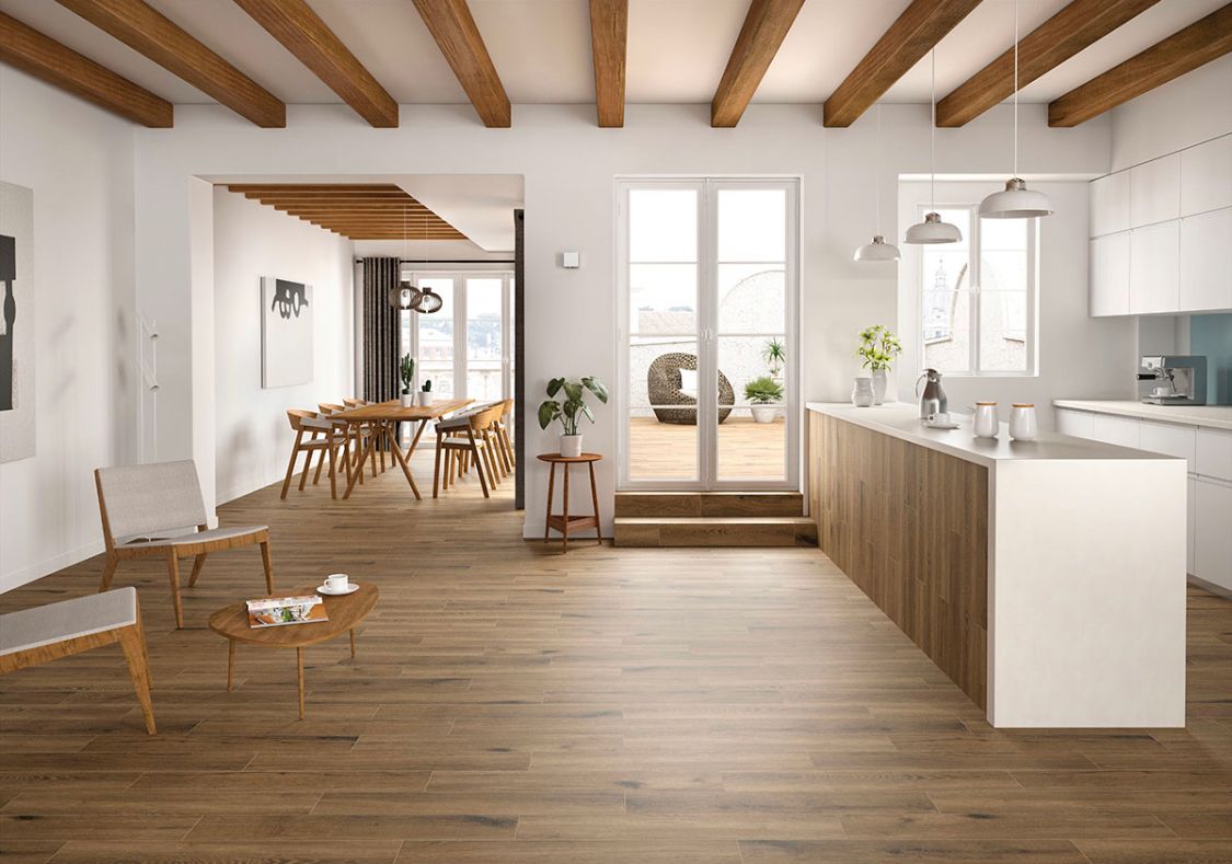 Wood look porcelain tile flooring with natural oak texture in a modern interior setting