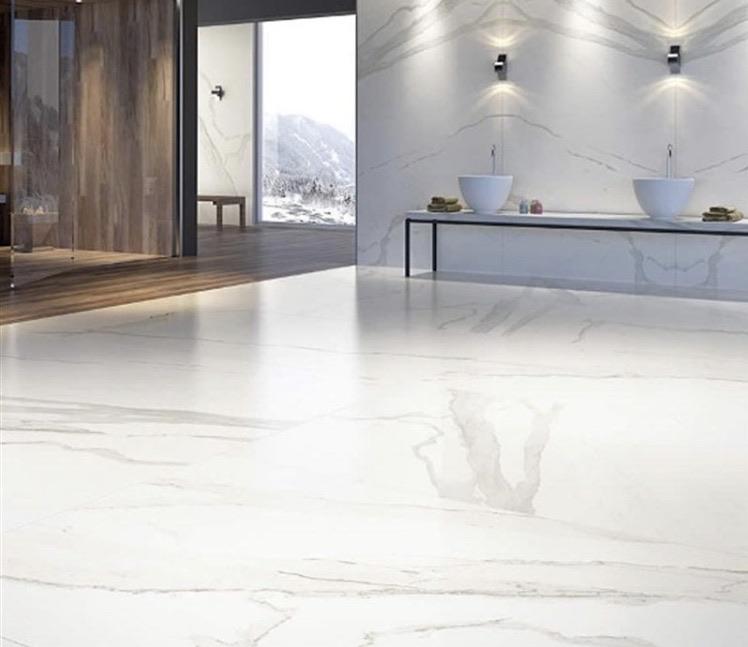 Installed view of 18x36 porcelain tile in a modern bathroom 