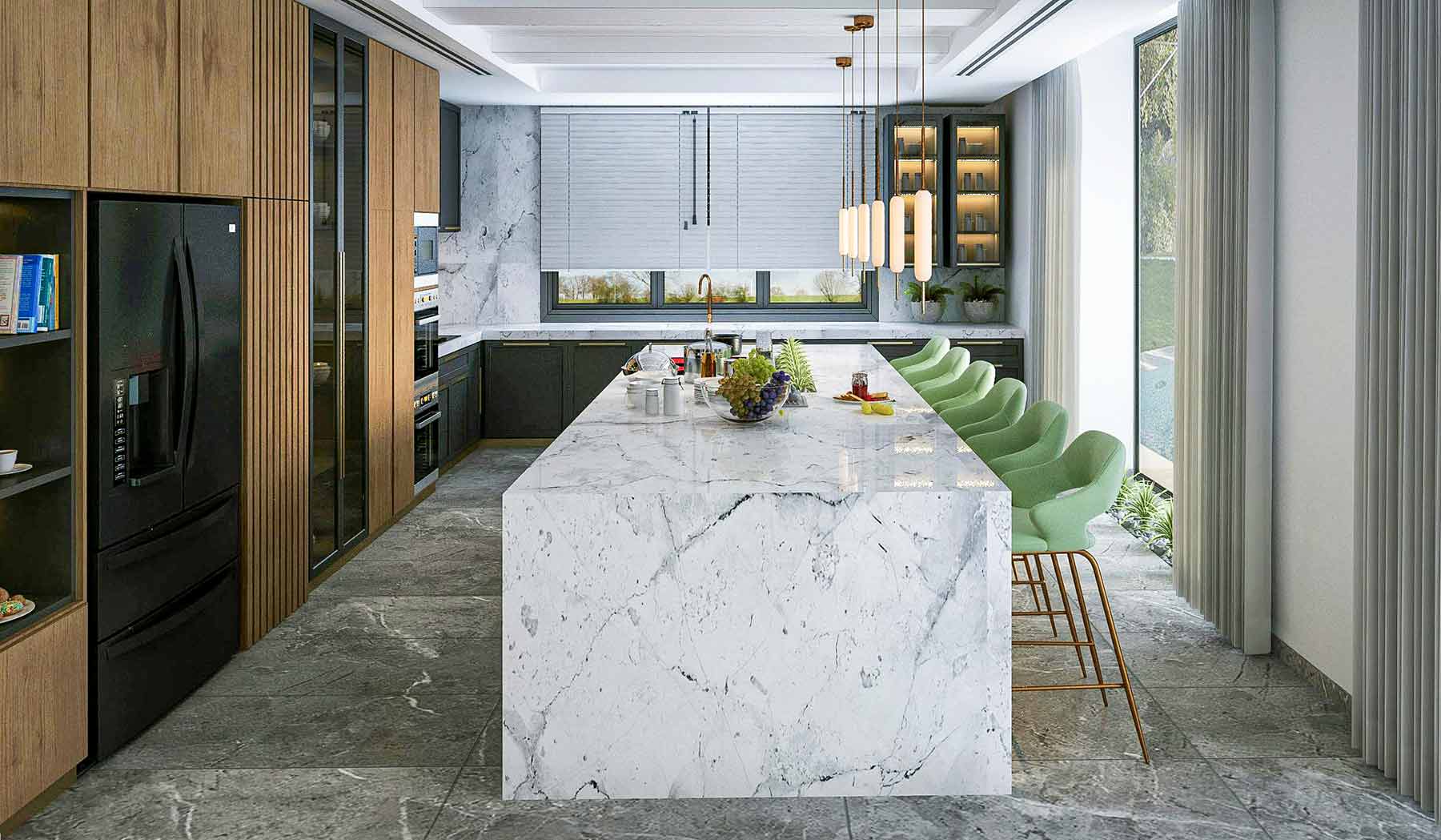 Natural stone tiles installed in kitchen, including marble and travertine with honed and polished finishes