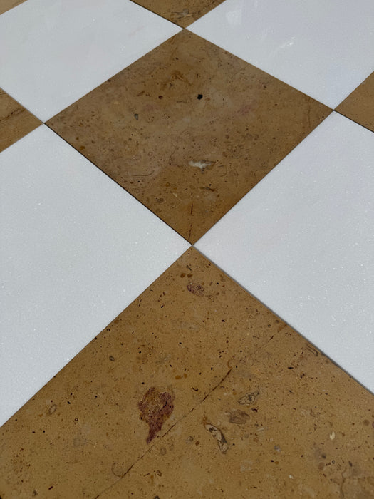 Checkerboard Thassos White Polished and Terra Gold Honed Limestone Tile